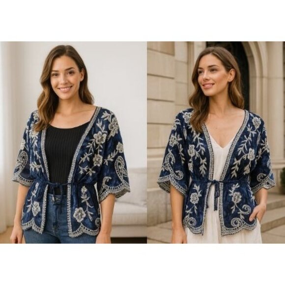 Blue & White Embroidered Tie-Front Kimono Cardigan  One Size  100% Viscose - Picture 2 of 13